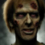 Close-up image of a zombie with decaying flesh, sunken red eyes, and open wounds on the face, exuding a sinister presence.