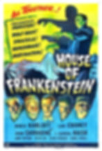 Featured Image For House Of Frankenstein 1944 Reviewed. Colorful vintage movie poster for 'House of Frankenstein' featuring the faces of classic monsters and a terrified woman, with bold text and a vivid yellow background.