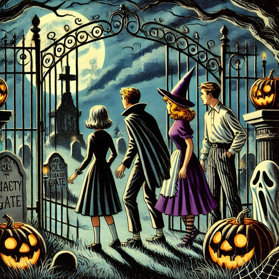 Featured Image For 92 Days Until Halloween - Countdown To Halloween 2024. Vintage Halloween illustration of four children in costumes standing at the entrance of a spooky graveyard under a full moon.
