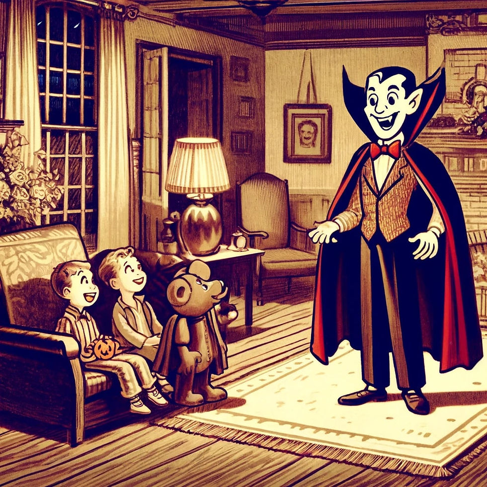 A charming vampire, with a wide, friendly smile, stands in the middle of a living room, delighting two boys and their teddy bear, showcasing a whimsical approach to the horror genre.