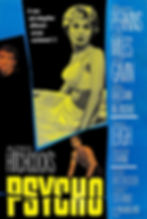 Featured Image For Psycho 1960 Reviewed. 1960 'Psycho' movie poster with bold yellow and blue design, featuring portraits of Anthony Perkins and Janet Leigh, and the imposing title in yellow.