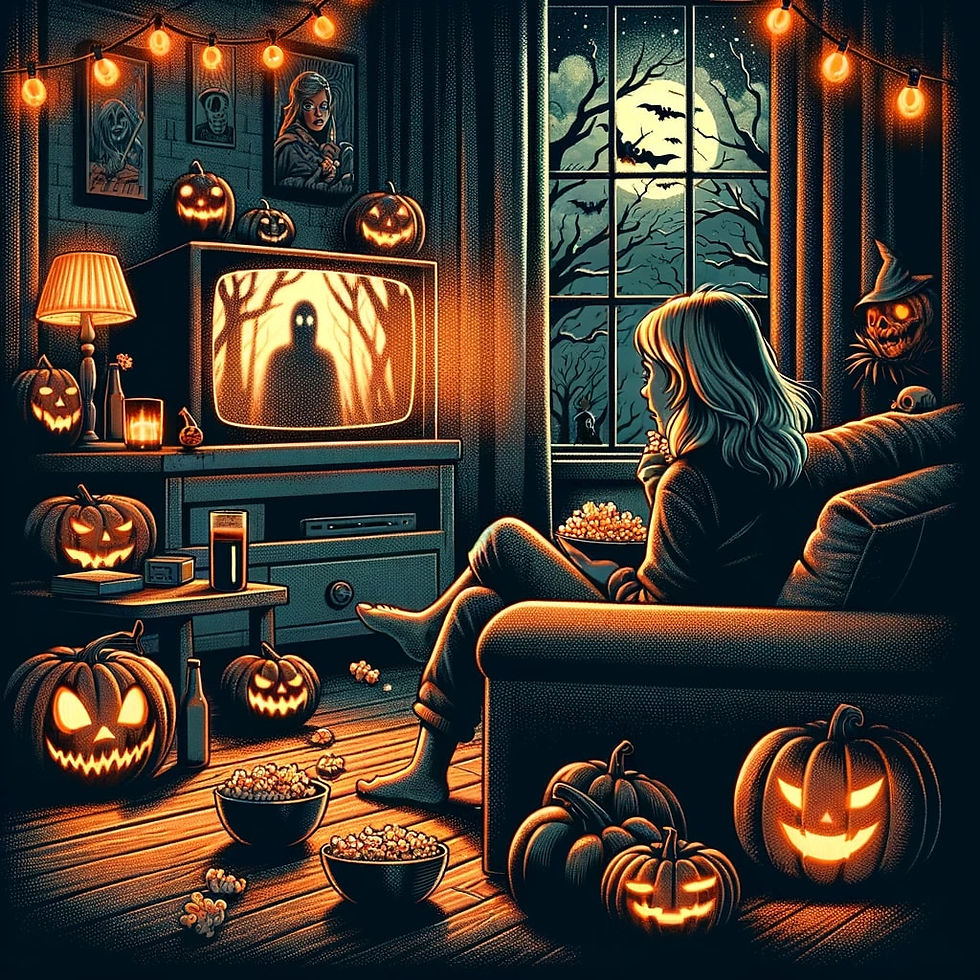 Featured Image For The Perfect Halloween Binge: Spooky Haunted House Movies Ranked from Scary to Scariest. A woman on a couch, popcorn at hand, watching a horror movie on television in a Halloween-themed living room, complete with creepy decorations and lit pumpkins.