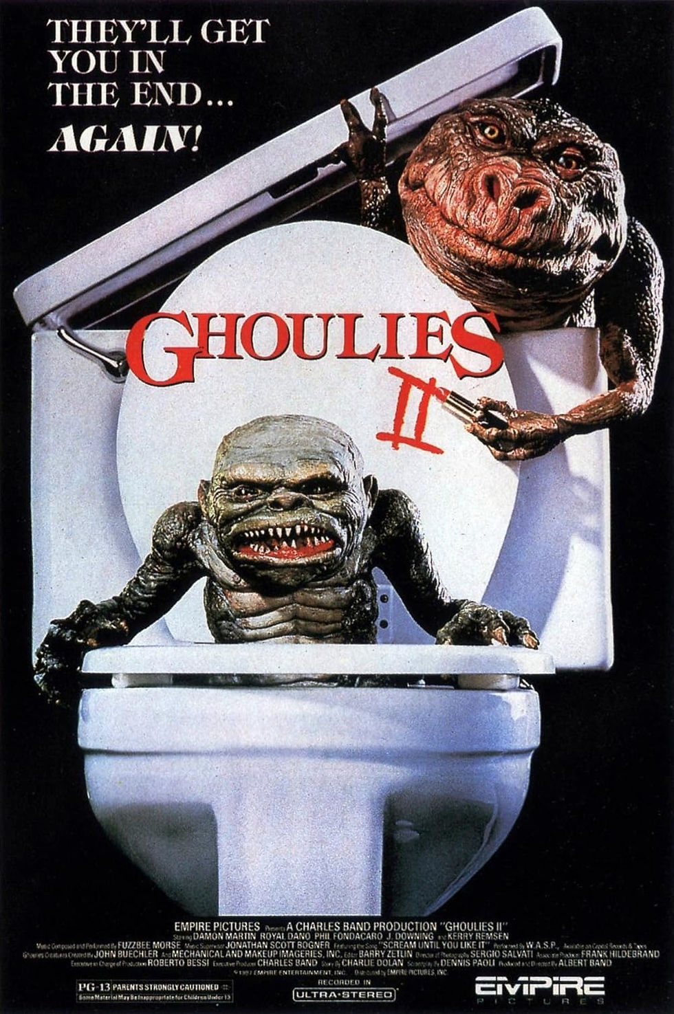 Featured Image For Ghoulies II (1988): When Tiny Terrors Take the Carnival. Ghoulies II movie poster featuring two monsters emerging from a toilet.