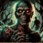 Illustration of a grotesque Deadite with red eyes and rotting skin from the Evil Dead franchise.