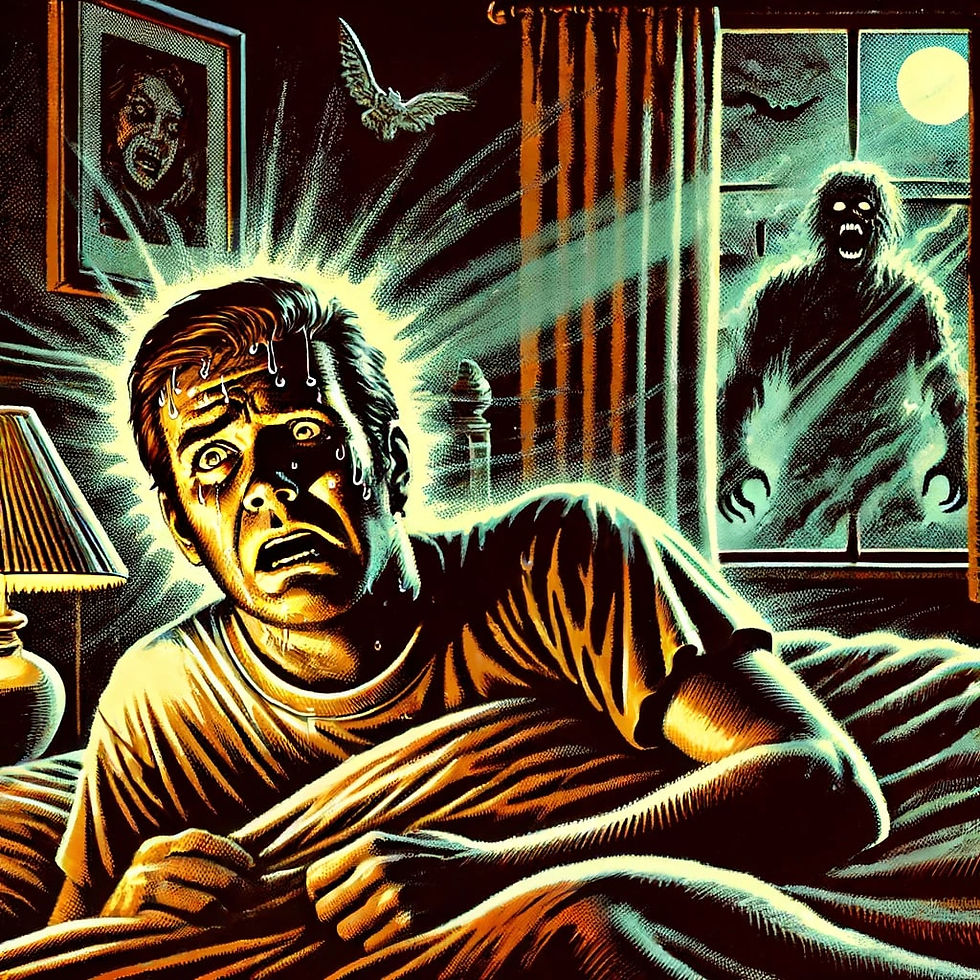 Vintage illustration of a terrified man in bed, sweating and wide-eyed, as a ghostly figure with glowing eyes approaches the window.