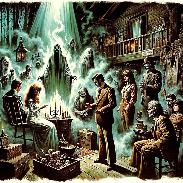 Haunting presence above a séance in an eerie cabin.