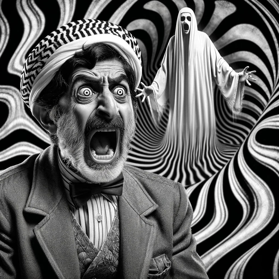 A man sits on the edge of his seat, terror-stricken, as he watches the unsettling scenes of 'The Shining' from 1980.