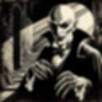 Featured Image For The Birth of Horror. Black and white portrait of a Nosferatu vampire with sharp fangs.