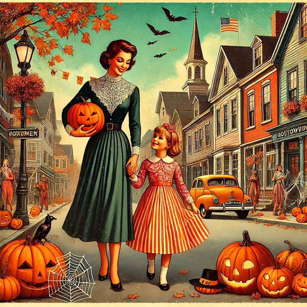 Featured Image For 130 Days Until Halloween- Countdown To Halloween 2024. Vintage Halloween illustration featuring a mother and daughter walking down a festively decorated street, holding a jack-o'-lantern, with pumpkins, bats, and autumn leaves surrounding them.