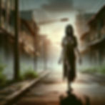 In a post-apocalyptic setting, a zombie woman stands in the center of a deserted road, surrounded by dilapidated buildings under a hazy sky. Her haunting presence accentuates the desolation and abandonment of the once bustling area.