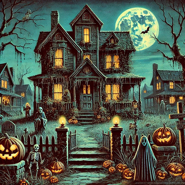 Retro Halloween illustration of a haunted house with jack-o'-lanterns and ghosts under a full moon.