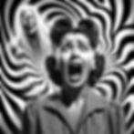 A lone woman stares wide-eyed at a black and white TV screen showing Night of the Living Dead.