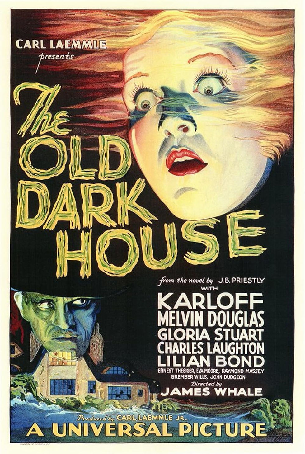 Featured Image For James Whale: The Unsung Architect of Classic Horror Cinema. Woman with a horrified expression with an eerie old house in the background, promoting "The Old Dark House"