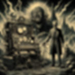 Featured Image For Anatomy of a Scare: Dissecting the Building Blocks of Horror Stories. An intricate machine pulsating with unknown energy, overseen by a scientist as a monstrous entity looms in the background amidst lightning strikes.