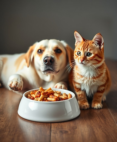 dog next to cat with bowl of food _edite