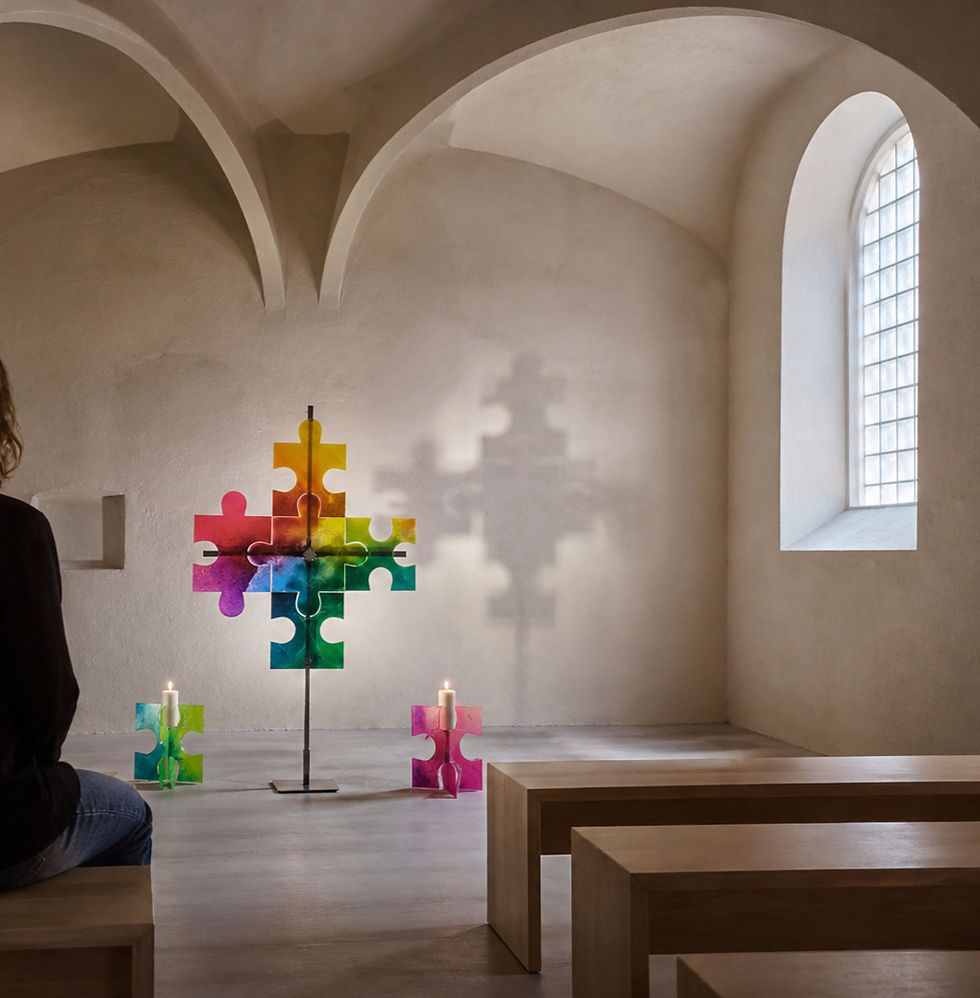 Moderne alterkunst med symbolik og lys i kirkerum