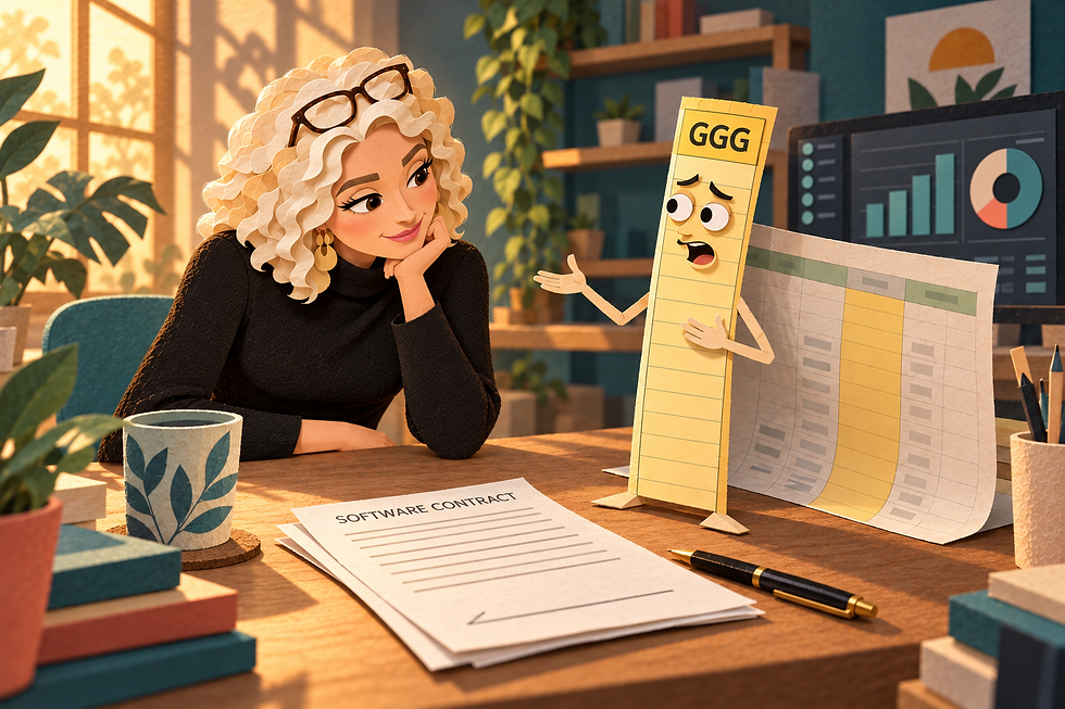 A woman listens to an animated spreadsheet column labeled GGG before signing a software contract in a cut-paper collage