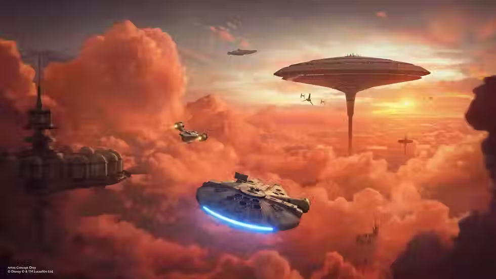 Concept art for Mandalorian missions coming to Millennium Falcon: Smuggler's Run at Disney's Hollywood Studios.