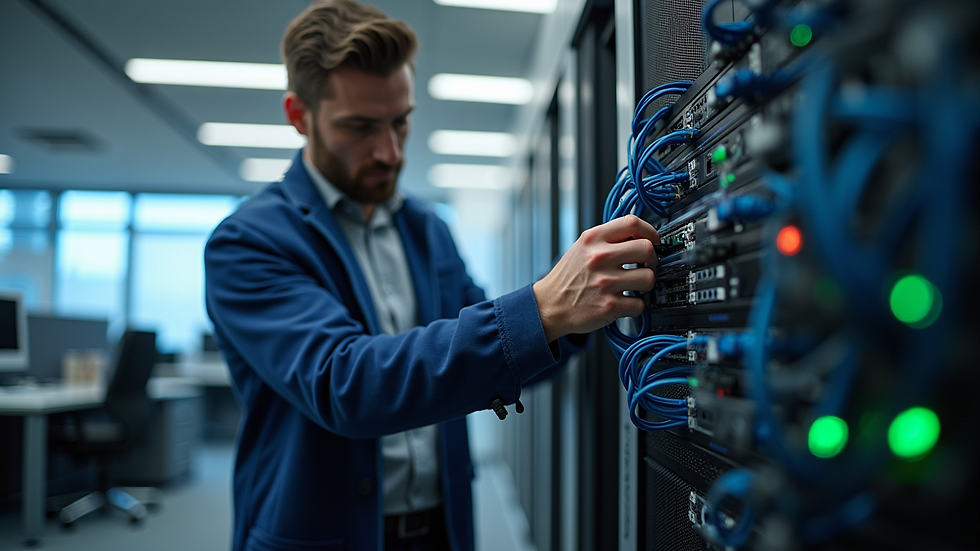 Close-up view of a technician configuring network equipment in a Charlotte office