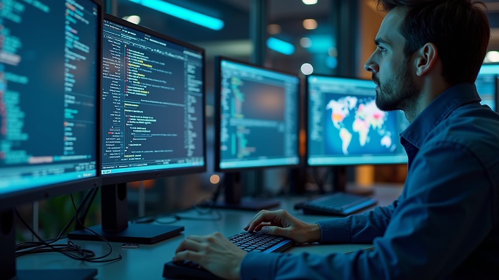 Close-up view of a cybersecurity professional monitoring network activity on multiple screens