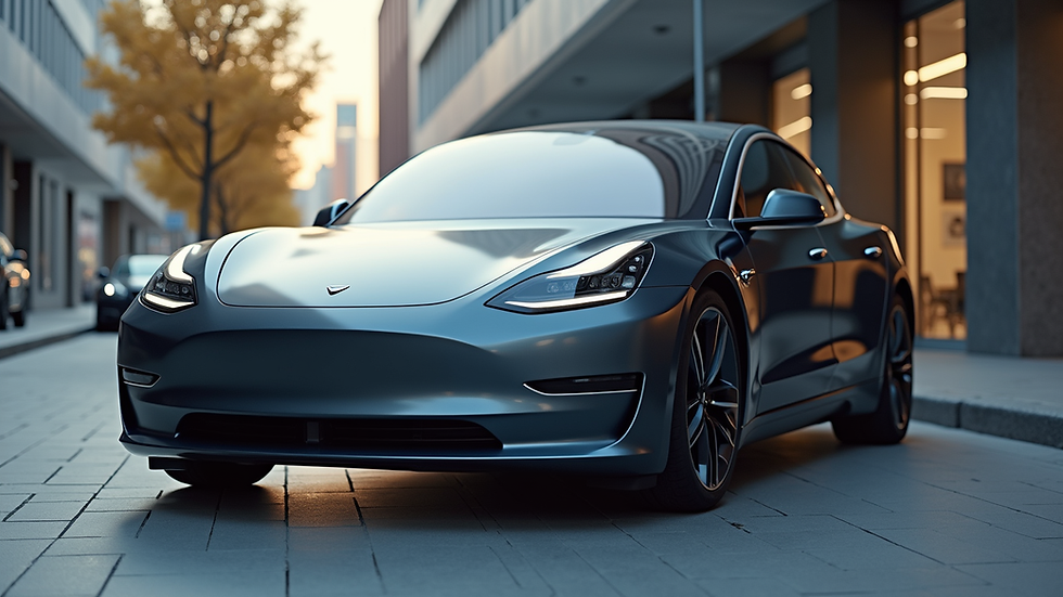 Eye-level view of a sleek electric car parked in a modern urban setting