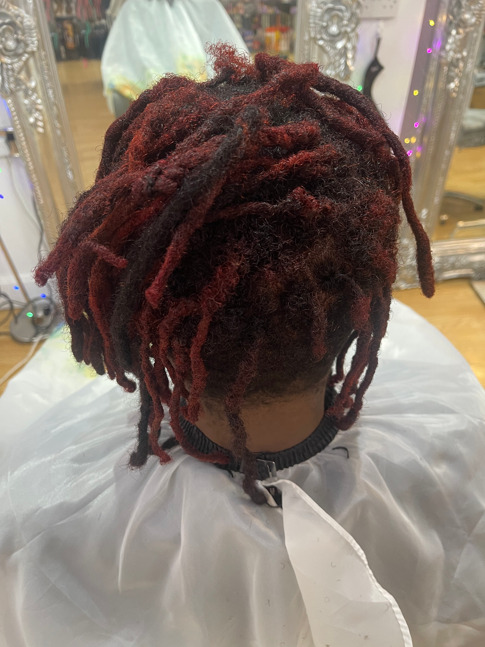 Men's burgundy locs before retwist back view at Eestelia Hair Salon Dalkeith Edinburgh — loc retwist before shot