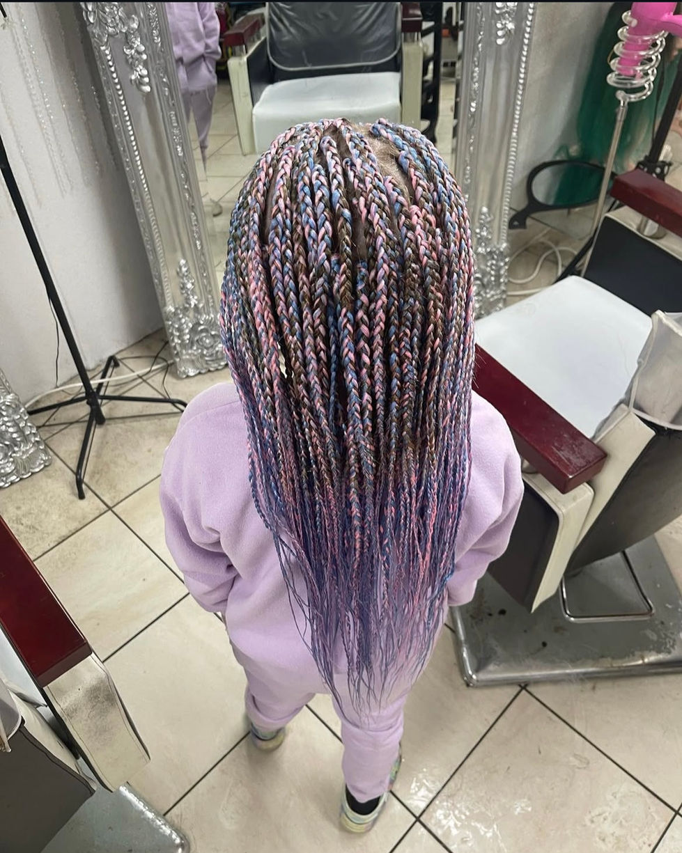 Kids lilac box braids at Eestelia Hair Salon Dalkeith Edinburgh — children's coloured box braids