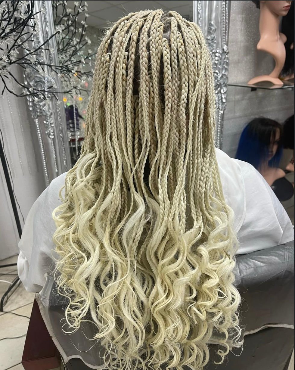 Platinum blonde box braids with curly ends back view at Eestelia Hair Salon Dalkeith Edinburgh — blonde coloured braids