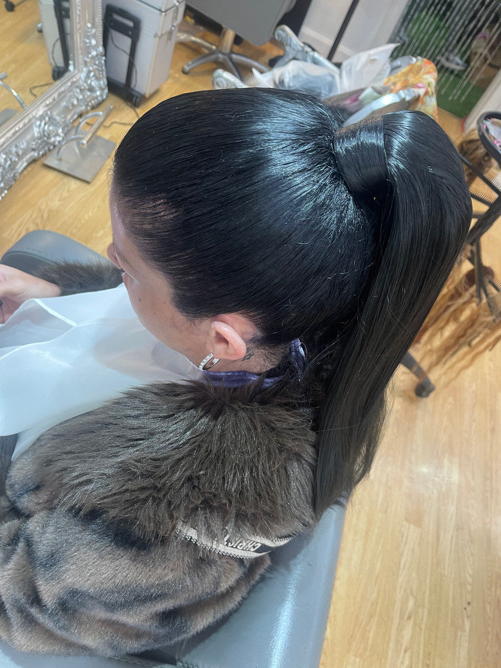 Ponytail extension install side view at Eestelia Hair Salon Dalkeith Edinburgh — ponytail extensions side profile