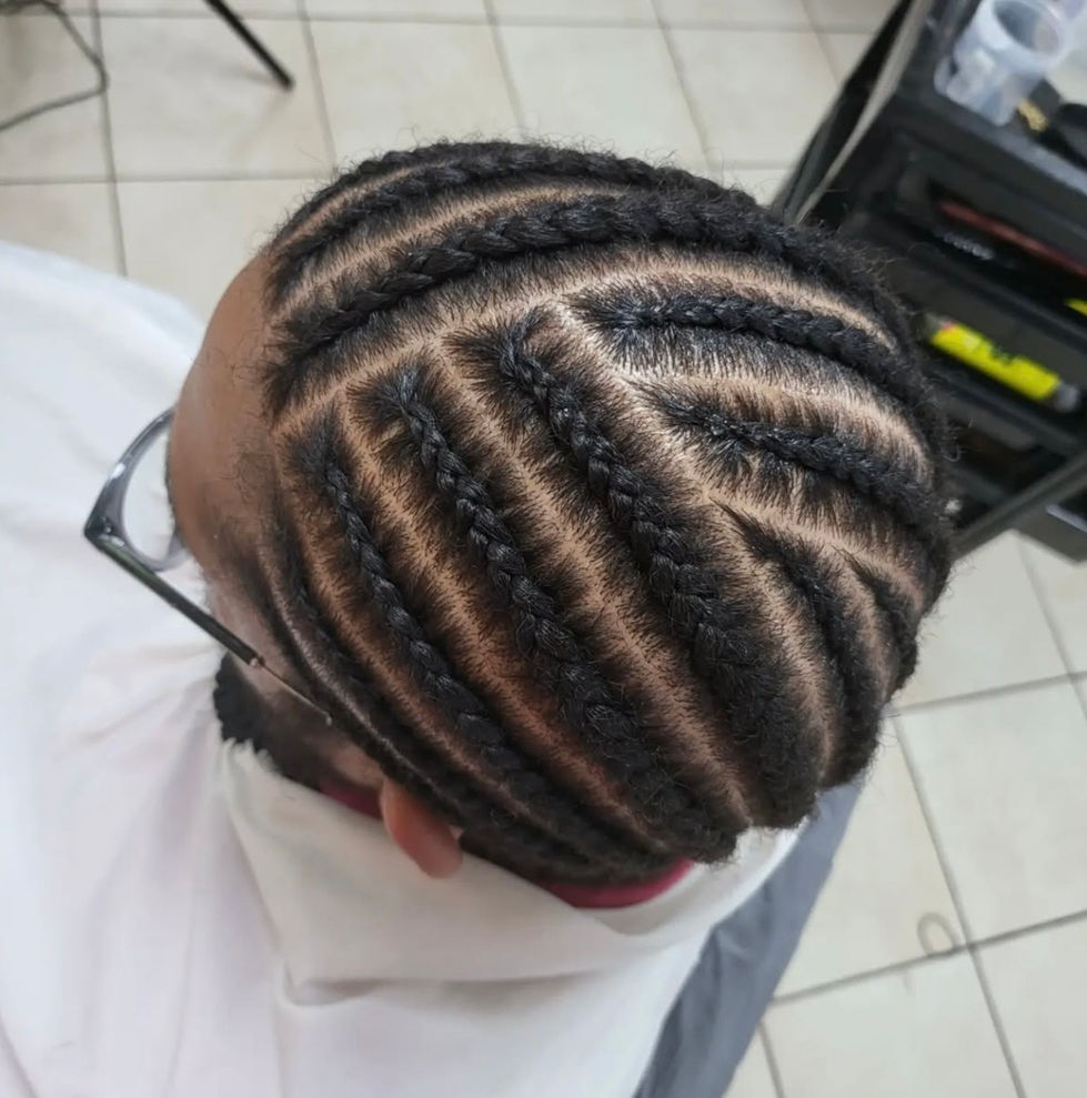 Men's cornrows side angled overhead view at Eestelia Hair Salon Dalkeith Edinburgh — men's cornrow installation