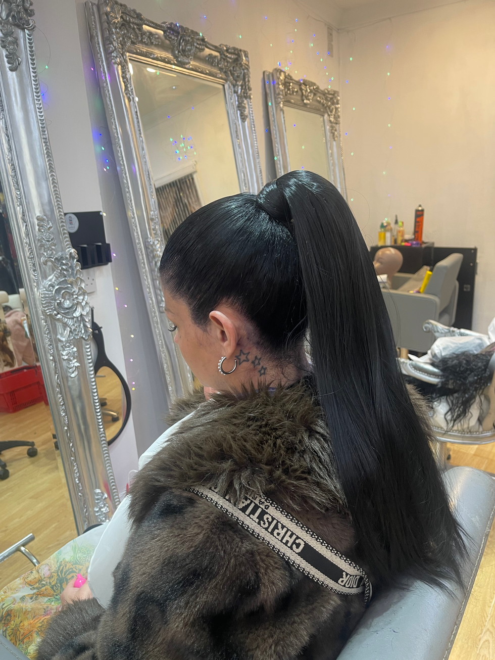 Ponytail extension install angled view at Eestelia Hair Salon Dalkeith Edinburgh — ponytail extension angled result