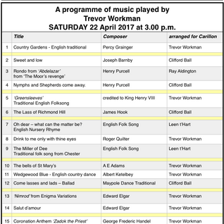 Carillon Recital on Saturday 22 April 2017 at 3:00 p.m.                                             