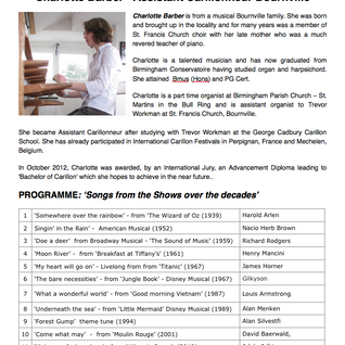 CARILLON RECITAL  Charlotte Barber:            Saturday 2 July 2016 at 3:00 pm