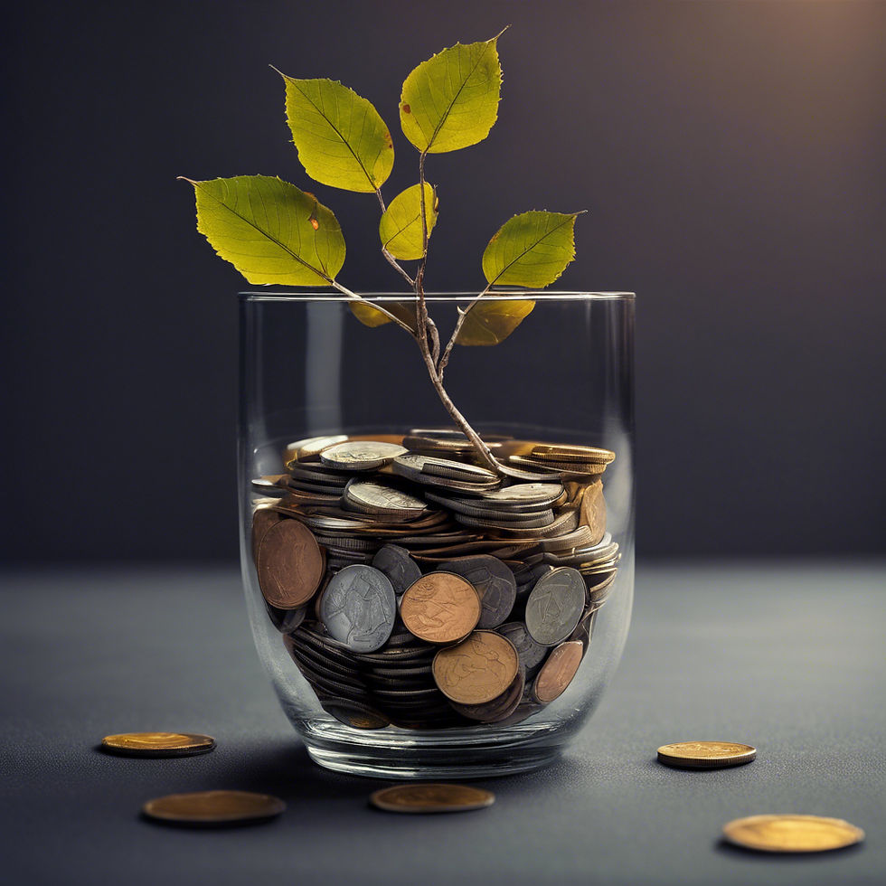 Glass cup with coins in it and a few leaves. Make the leaves come from same stick.jpg