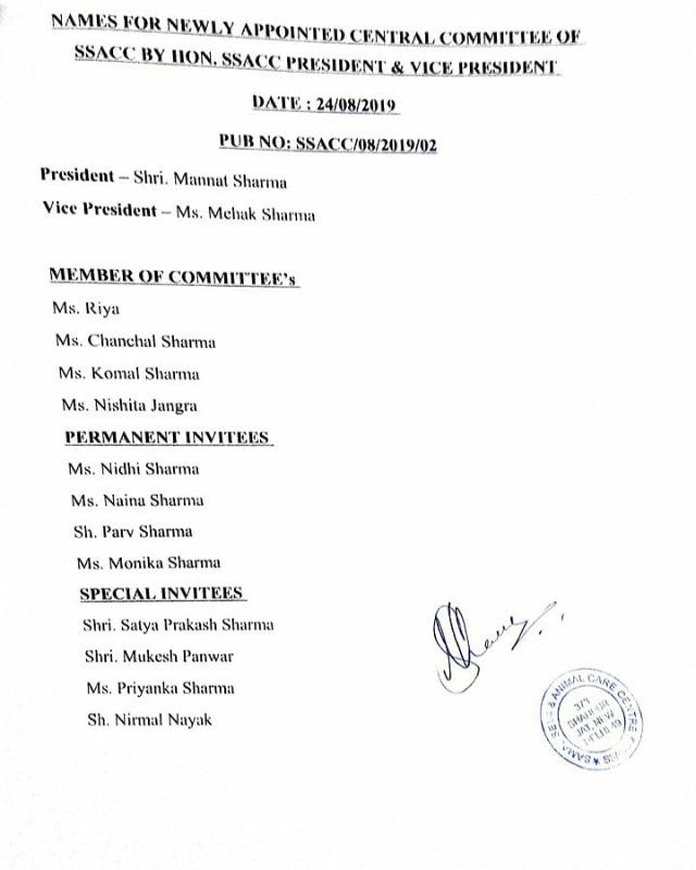 SSACC President Mannat Sharma nominated new Central Committee of SSACC 