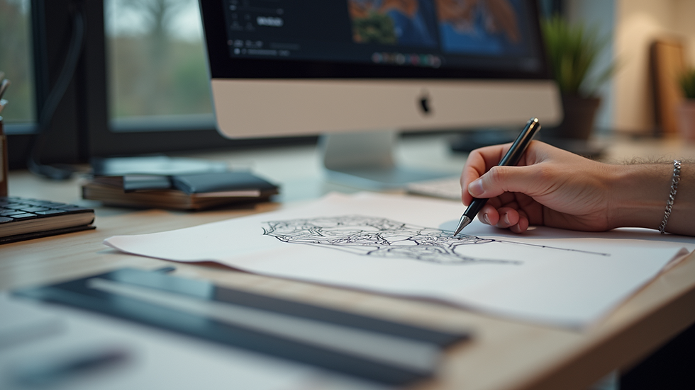 Eye-level view of a modern workspace with design tools on display