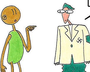 Uma pessoa sendo abordada na rua por um membro de uma seita de controle mental que usa um uniforme  semelhante a algum organismo militar.