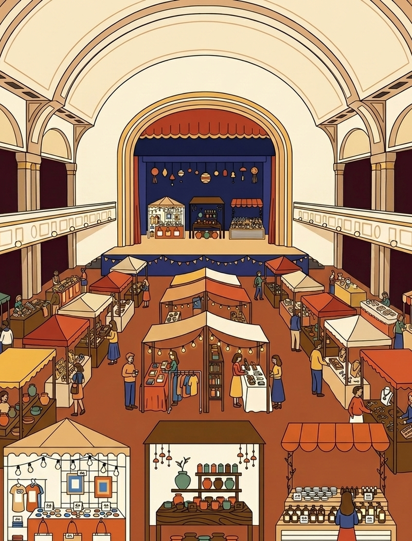 Eine grafische Darstellung, wie der Kulissen Märit im Theatersaal aussehen könnte. Es sind reihenweise Marktstände im Saal und auf der Bühne zu sehen.