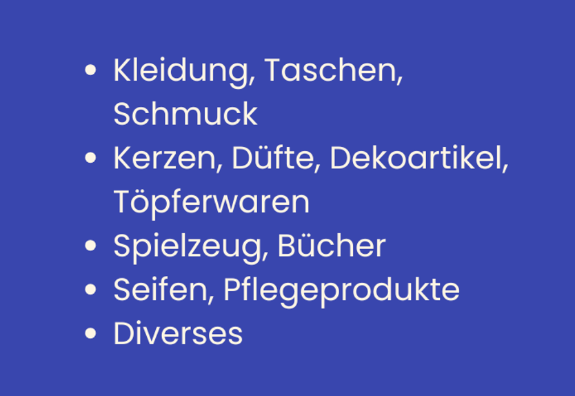 Am Märit wird es verschiedene Stände geben, wie zum Beispiel: Kleidung, Taschen, Schmuck, Kerzen, Düfte, Dekoartikel, Töpferwaren und vieles  mehr.