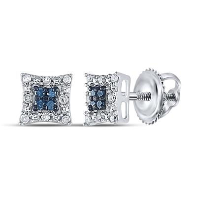 STERLING SILVER ROUND BLUE DIAMOND SQUARE EARRINGS 1/10 CTTW