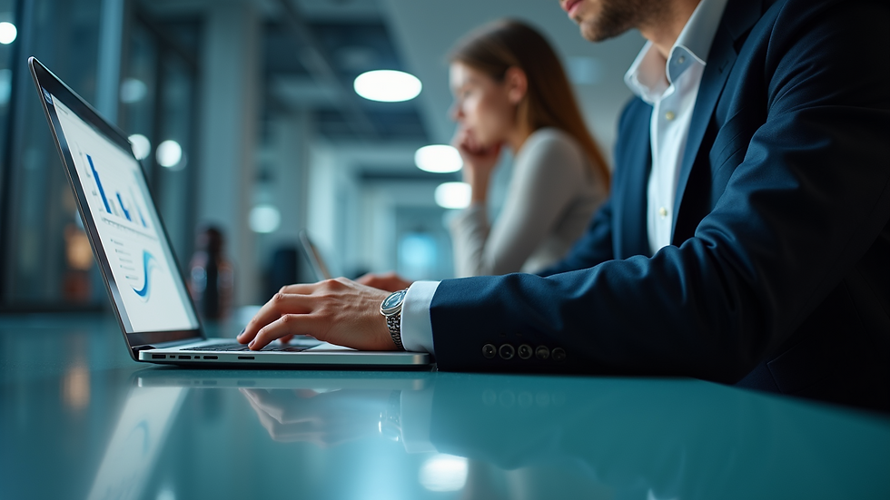 Eye-level view of a business professional analyzing data on a laptop