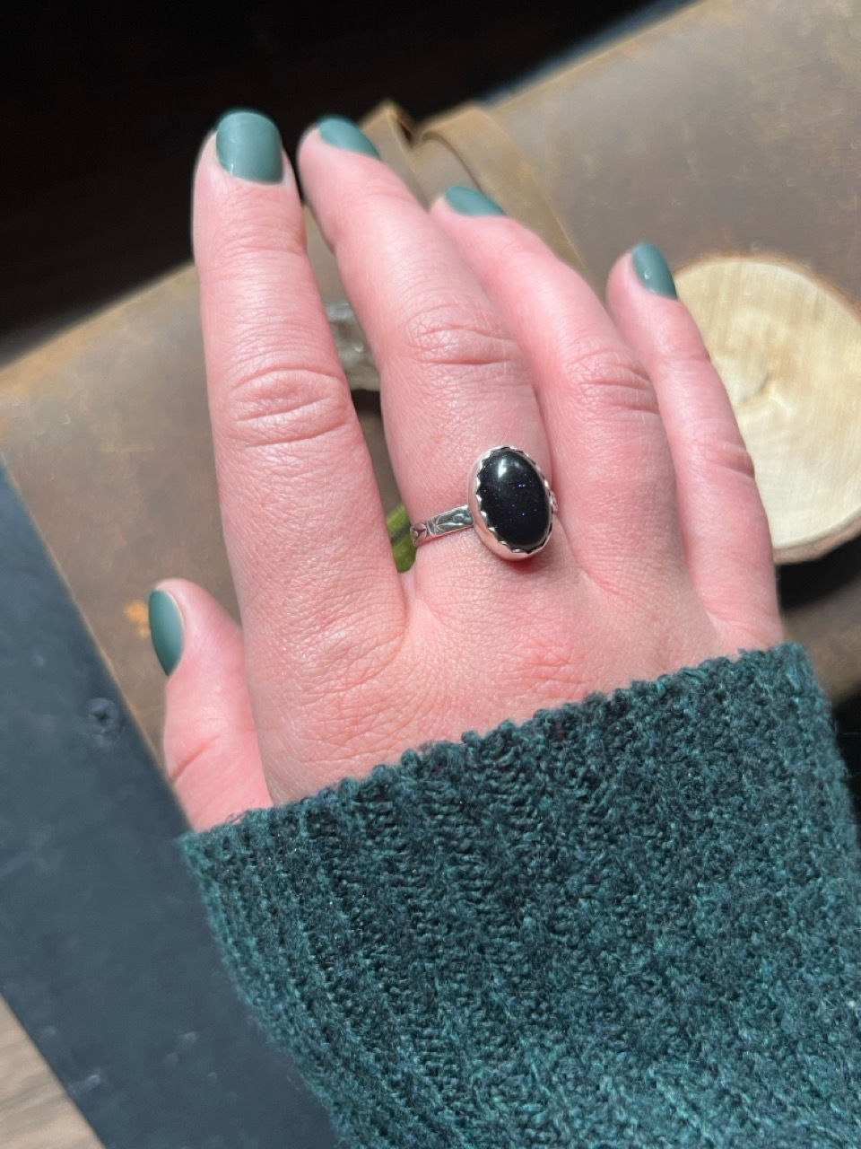 Thumbnail: Blue Sandstone & Sterling Silver Patterned Band Ring
