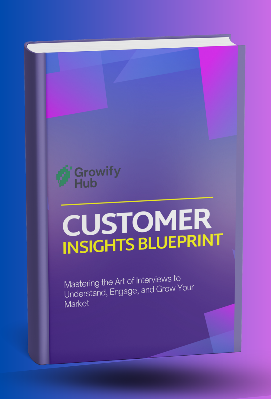Book cover of “Customer Insights Blueprint – Mastering the Art of Customer Interviews,” a market research ebook on customer b