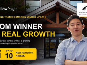 Infographic about our marketing transformation winner. The graphic says:  "From winner to real grow. Discover how our context winner is growing after their marketing transformation." The graphic also shows an arrow pointing in an upward trajectory with the statistic "Up to 10 new patients a week" included.