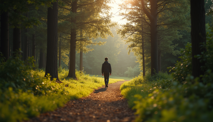 Eye-level view of a person walking on a forest trail surrounded by green trees