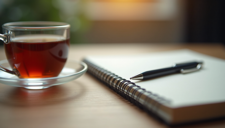 Close-up of a notebook and pen on a table with a cup of tea nearby