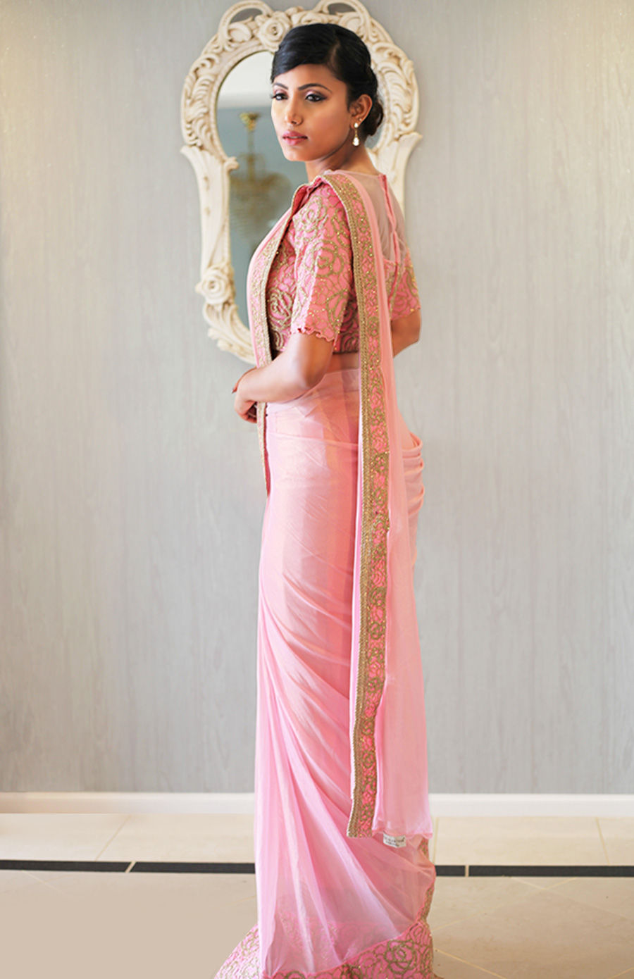 Thumbnail: Pink Shimmer Pre-Stitched Saree