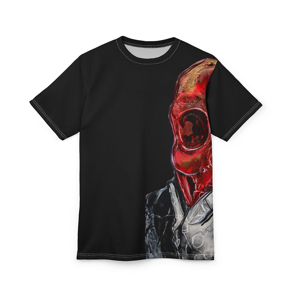 Thumbnail: Surreal portrait featuring a translucent red skull over a yellow face with a hand over the mouth.