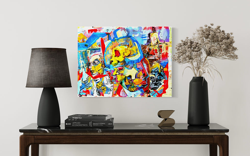 Thumbnail: Intricate surrealist collage featuring a yellow skull, faces, and bold colors hanging on a wall over a desk