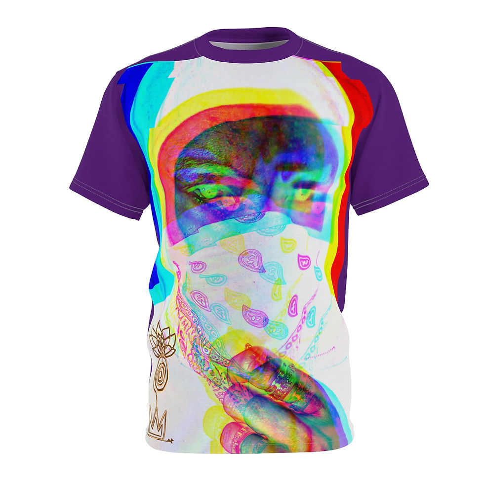 graphic tee with a colorful, mask-like print
